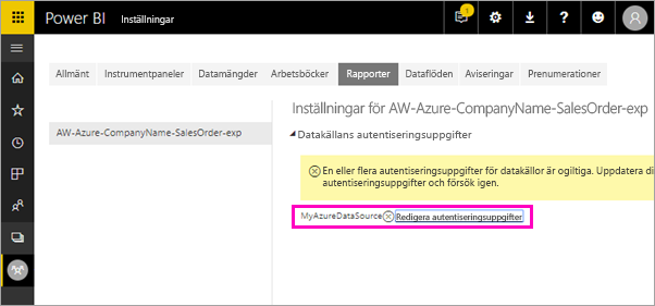 Screenshot showing Edit report credentials.