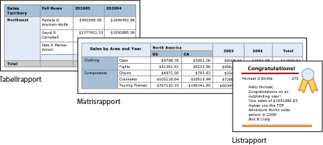 Screenshot of Report Builder table, matrix, and list reports.