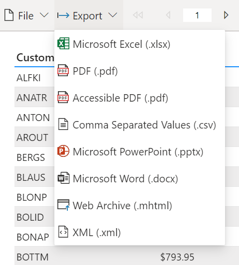Skärmbild av listan över tillgängliga exportformat.