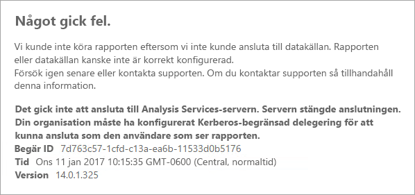 Screenshot of Power B I Reports showing error message related to issues connecting with Analysis Services server.