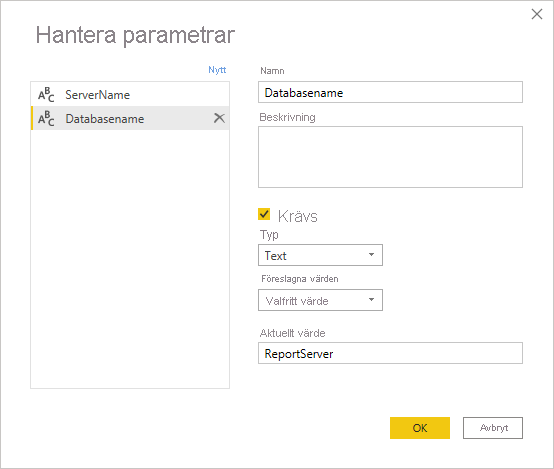 Manage Parameters, set servername and databasename.