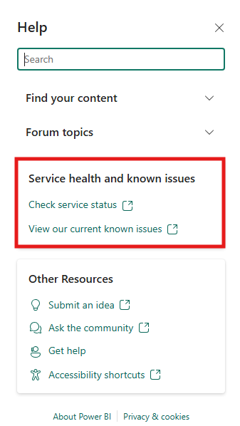Skärmbild av länkar till tjänststatus och kända problem i hjälpfönstret.