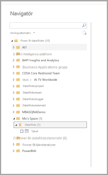 Skärmbild av navigatorn i Power BI Desktop som väljer dataflöden att ansluta till.