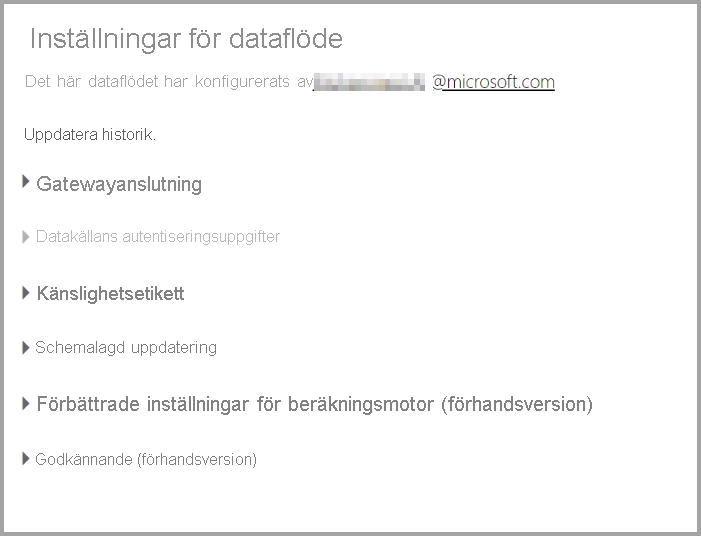 Skärmbild av sidan Inställningar för ett dataflöde när du har valt Inställningar i listrutan för dataflöde.