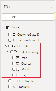 Screenshot showing example of the Fields pane, with the Sales table expanded open.