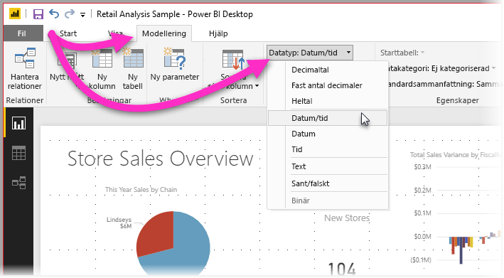 Screenshot of Power BI Desktop showing the Modeling tab with the Data Type filter selected.