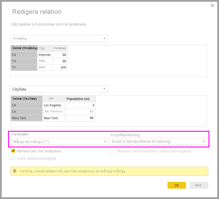 Screenshot of a many-to-many relationship in the Edit relationship pane.