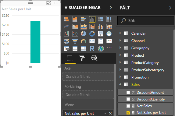 Skärmbild av nettoförsäljningsbeloppet per enhet för alla sålda produkter.