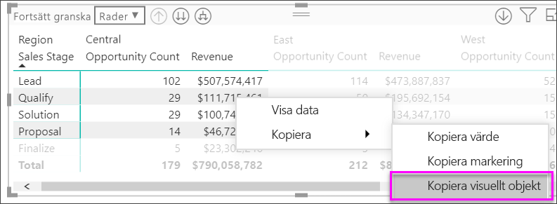 Screenshot of a matrix with several cells selected. Their shortcut menu is visible, and Copy visual is called out.