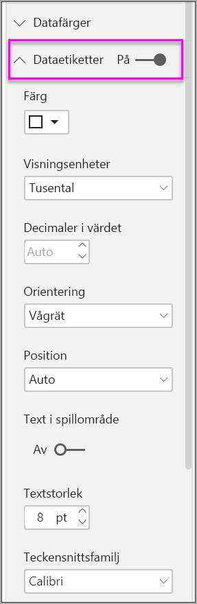 Screenshot that shows formatting options for data labels in Power BI.