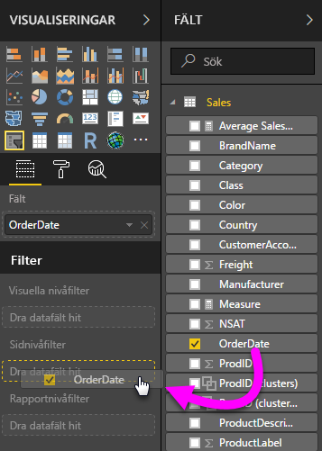 Screenshot showing the Date field highlighted in the Fields pane and the Date field highlighted in the 'Filters on this page' well.