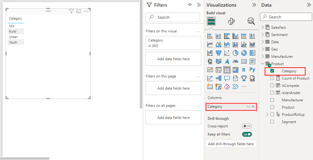 Skärmbild som visar en tabell med fyra kategorier.