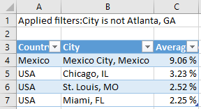 Skärmbild av Excel-utdata.