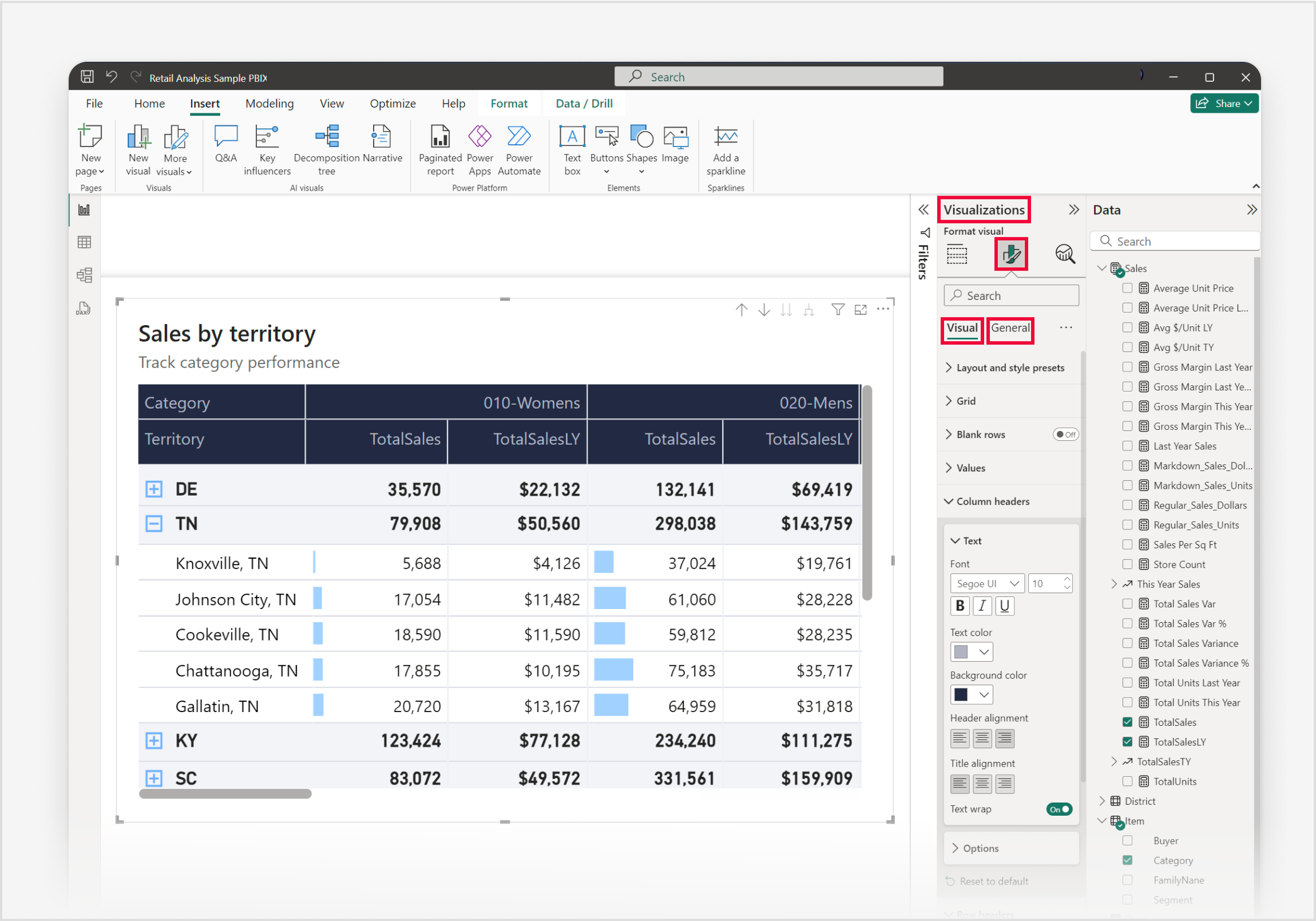 Skärmbild av Power BI Desktop med fönstret Visualiseringar markerat. Ikon för visuellt format, fliken Visuellt objekt och fliken Allmänt är markerade och markerade med inställningar för matrisformat.