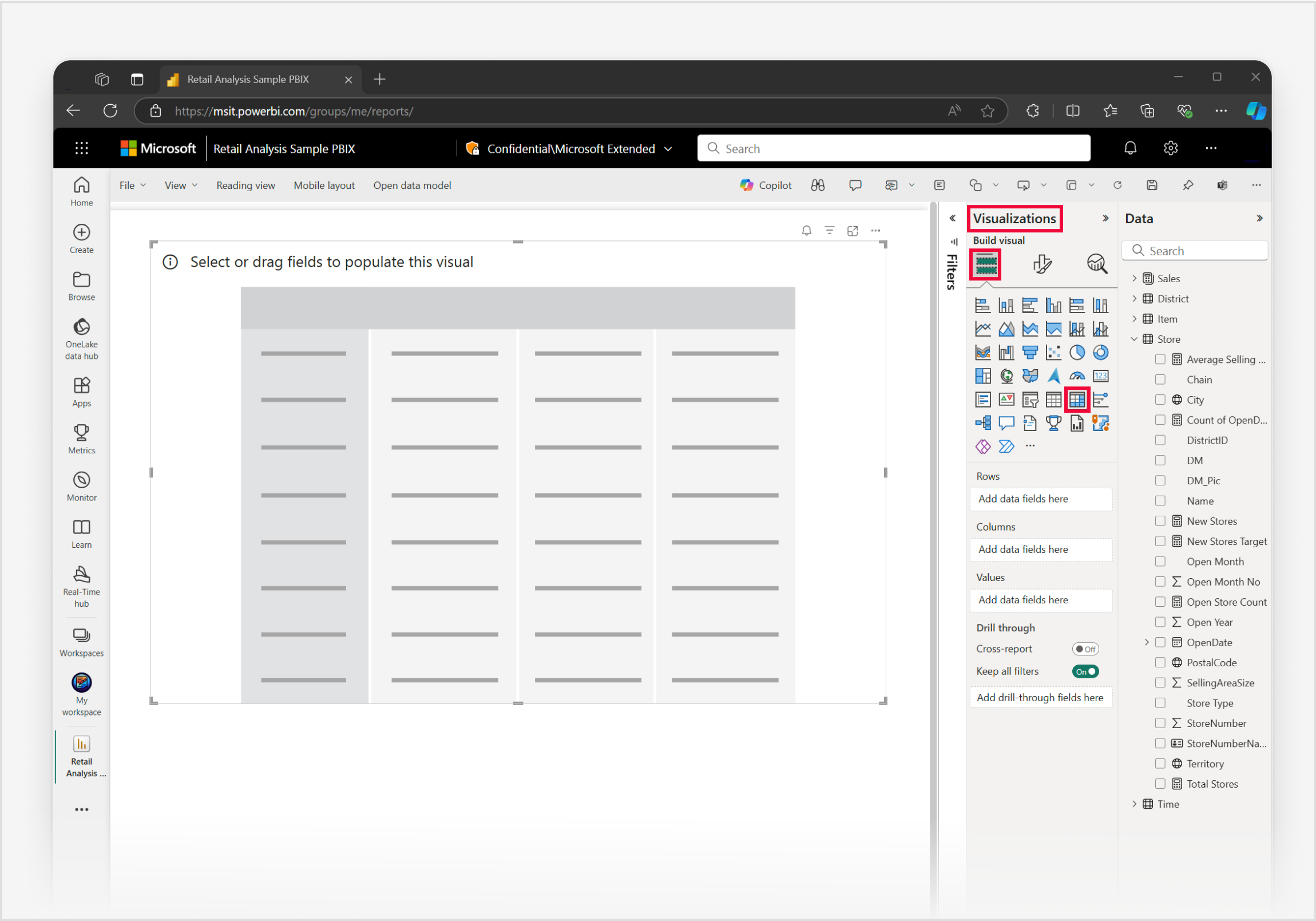 Skärmbild av Power BI-tjänst med fönstret Visualiseringar markerat, som visar valda ikoner för att skapa visuella objekt och matriser samt en visuell platshållare på arbetsytan.