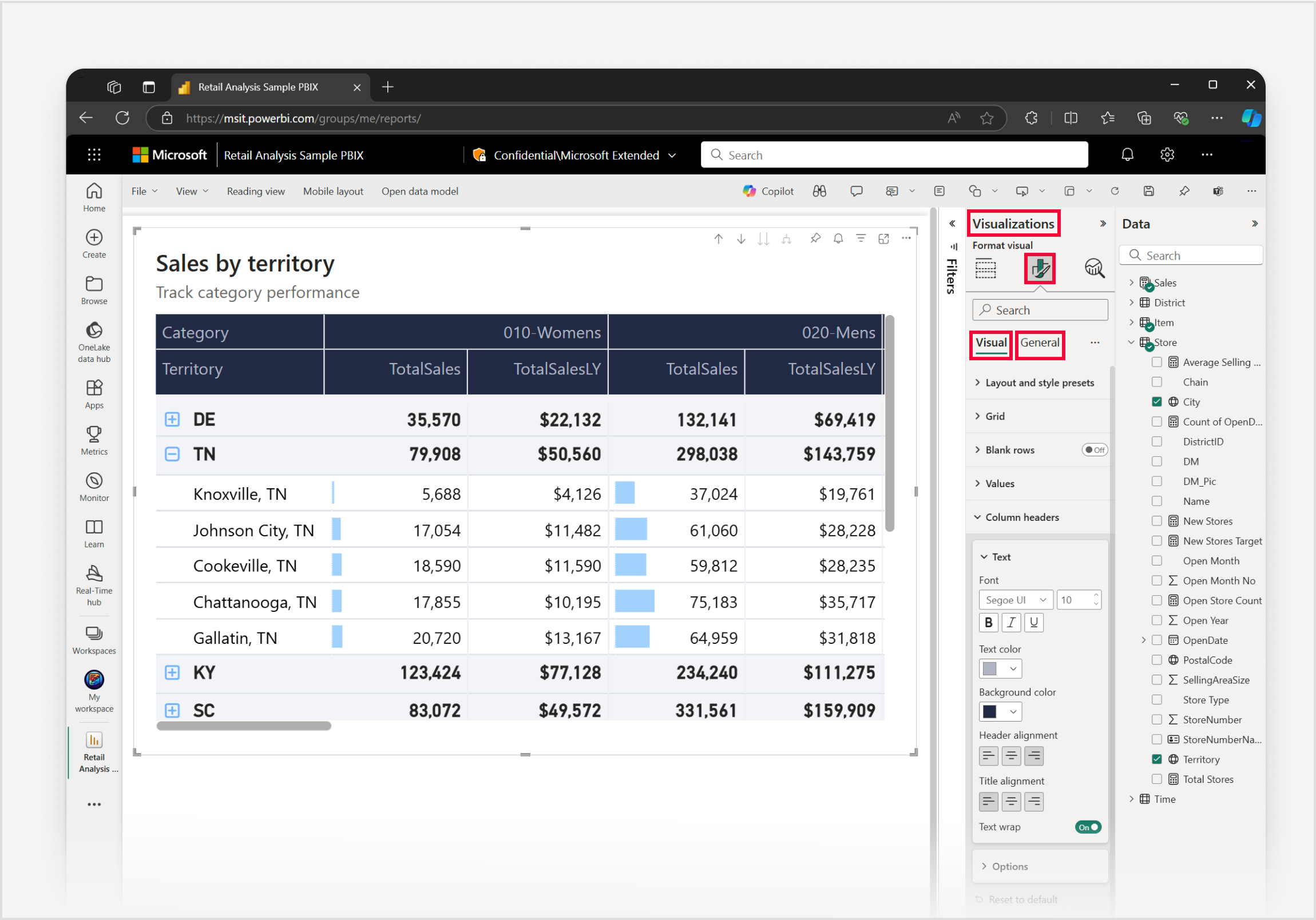 Skärmbild av Power BI-tjänst med fönstret Visualiseringar markerat. Ikon för visuellt format, fliken Visuellt objekt och fliken Allmänt är markerade och markerade med inställningar för matrisformat.