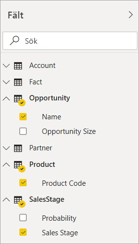 Screenshot showing the selection of the Name, Product Code, and Sales Stage fields.