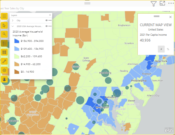 Skärmbild som visar regional försäljning efter storlek jämfört med amerikanska censusdata.