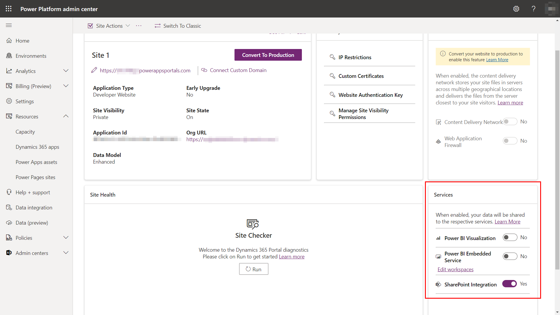 Avsnittet om tjänster i alternativ för Power Pages webbplatshantering i Power Platform administrationscenter.