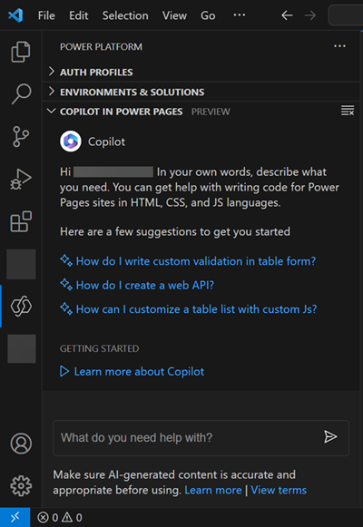 Visual Studio Code med Copilot i Power Pages.