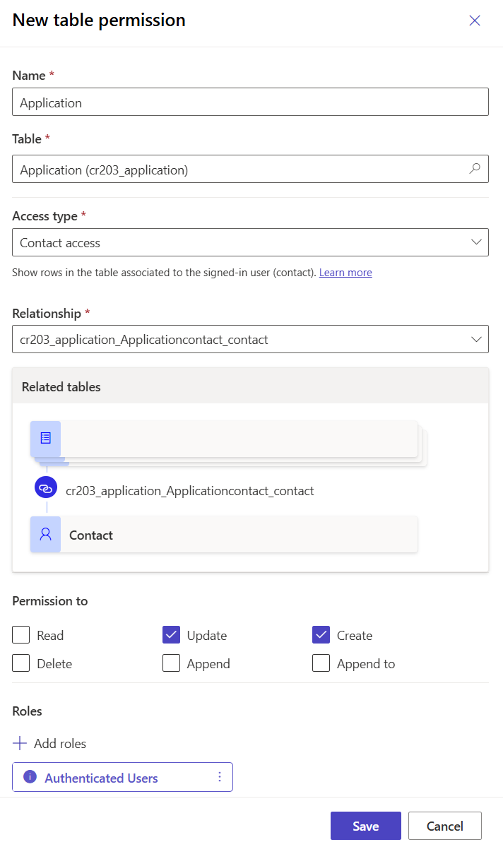 Lägga till tabellbehörigheter i programtabellen.