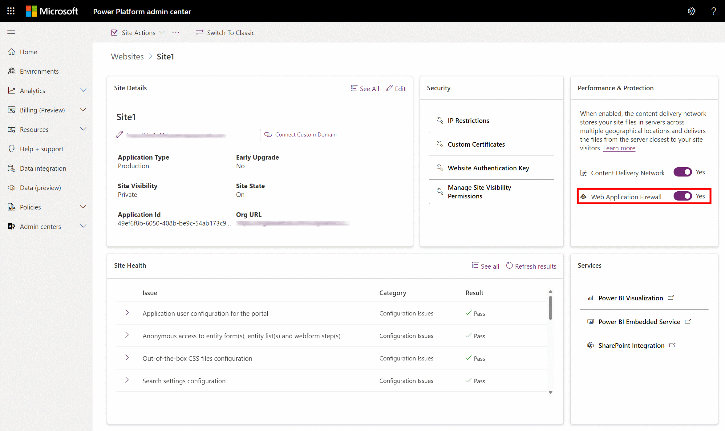 Prestanda- och skyddskortet i designstudion med Aktivera Web Application Firewall aktiverat.