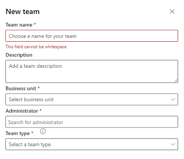 Skärmbild av inställningar för ett nytt Dataverse-team.