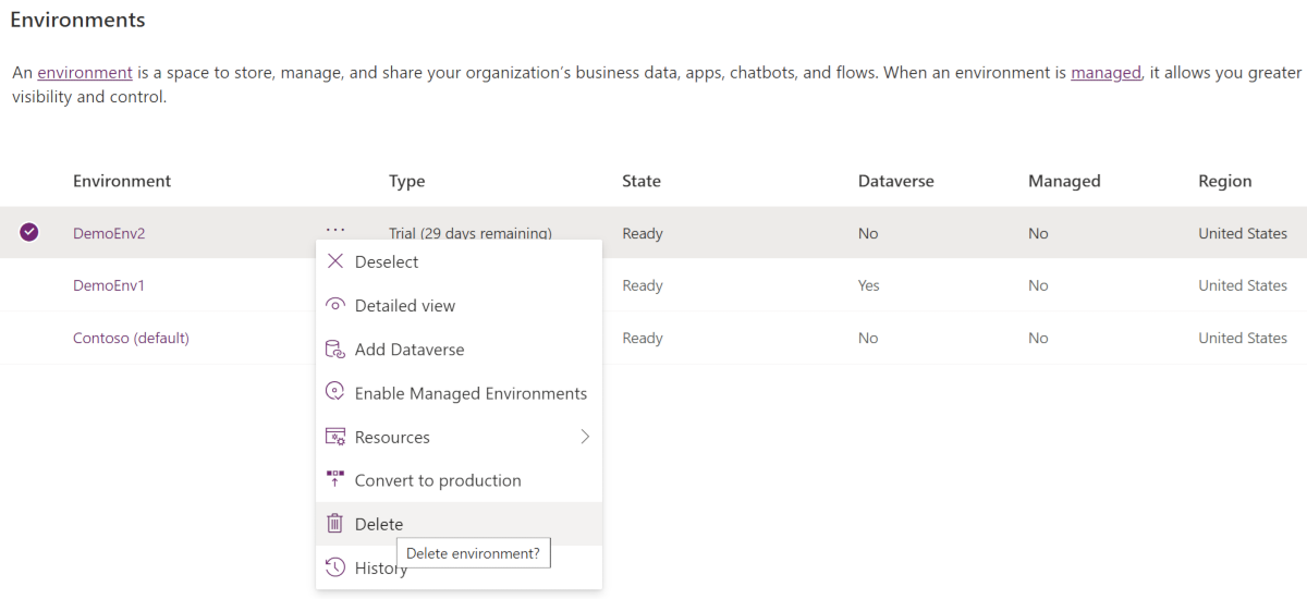 Ta bort en vald miljö.