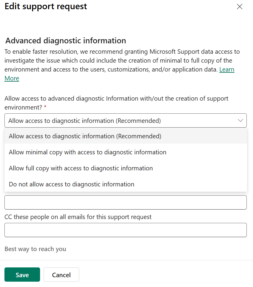 Skärmbild av en supportbegäran med information om samtycke.