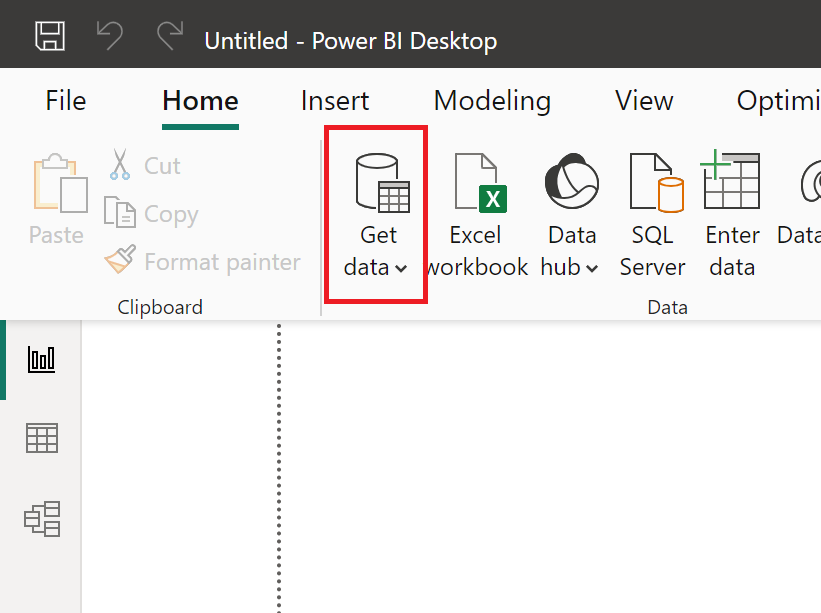 Screenshot with the Get Data selection highlighted in the Home tab of Power BI Desktop.