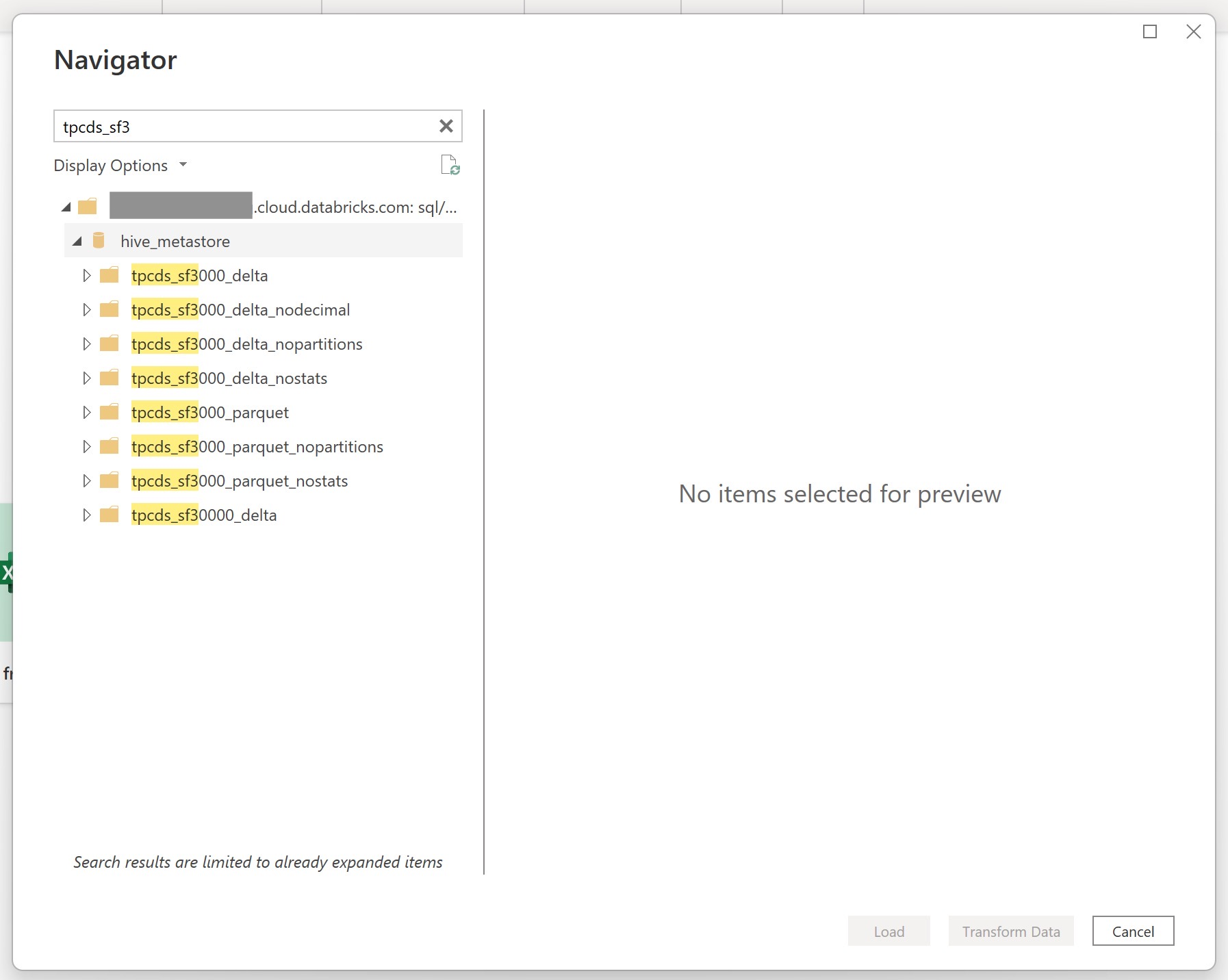 Bild av Power Query-navigatören som läser in Databricks Cloud-data till skrivbordsappen.