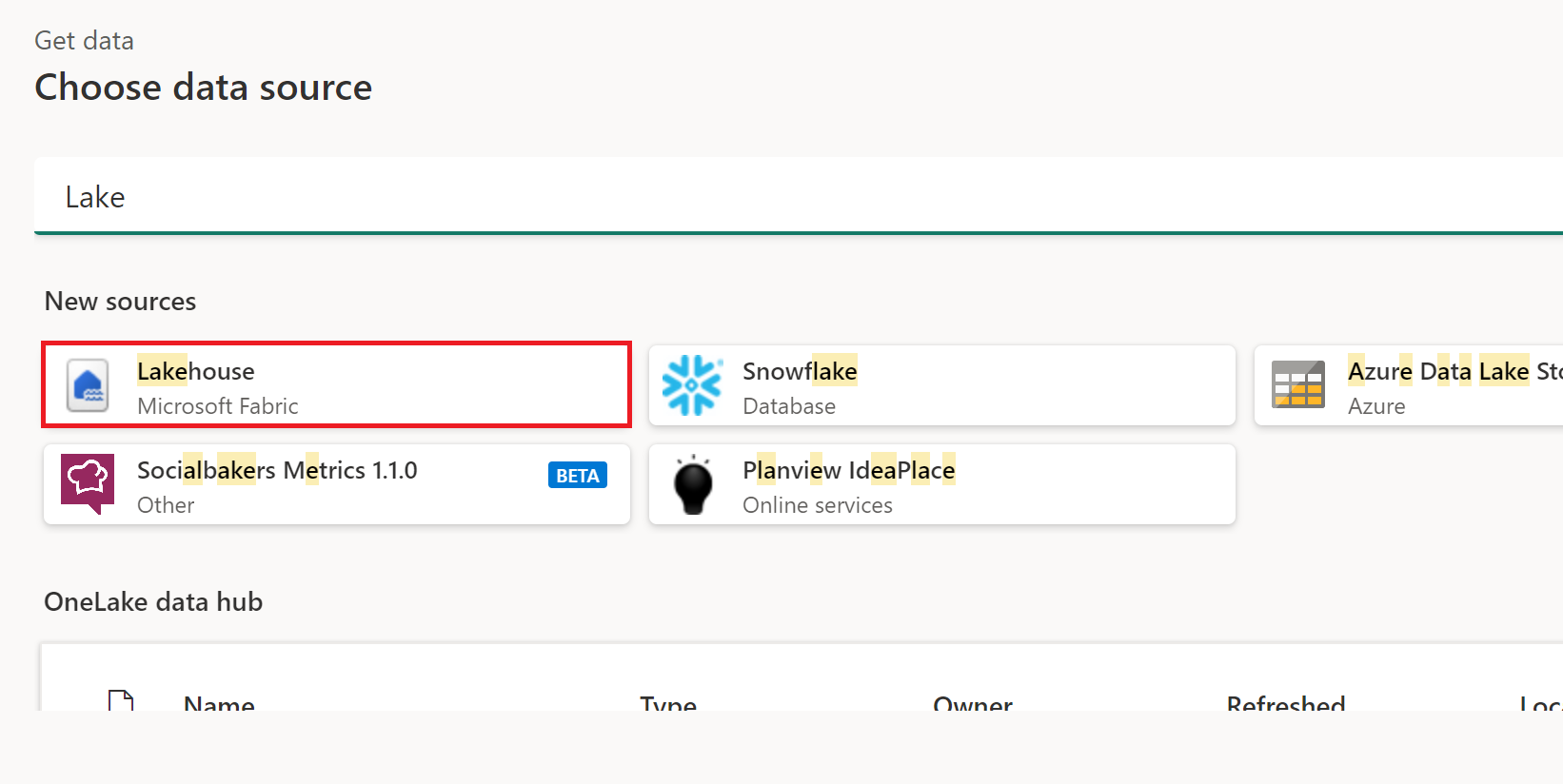 Screenshot of the new source page, with the Microsoft Fabric category selected, and the Lakehouse connector emphasized.