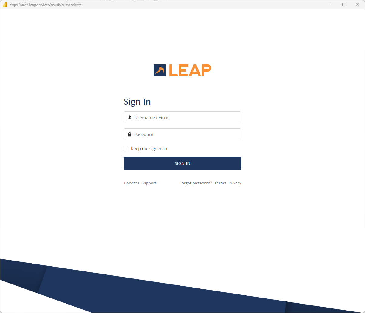 Skärmbild av inloggningsskärmen för LEAP.