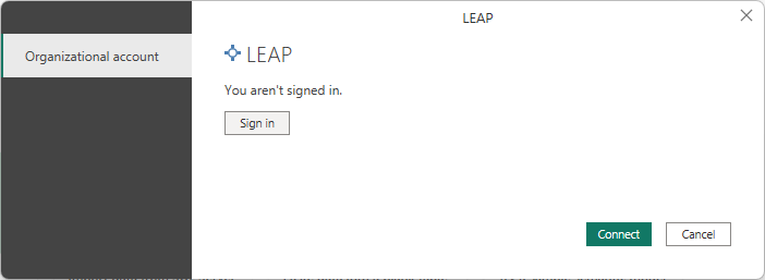 Skärmbild av LEAP-kontot markerat och med inloggningsknappen.