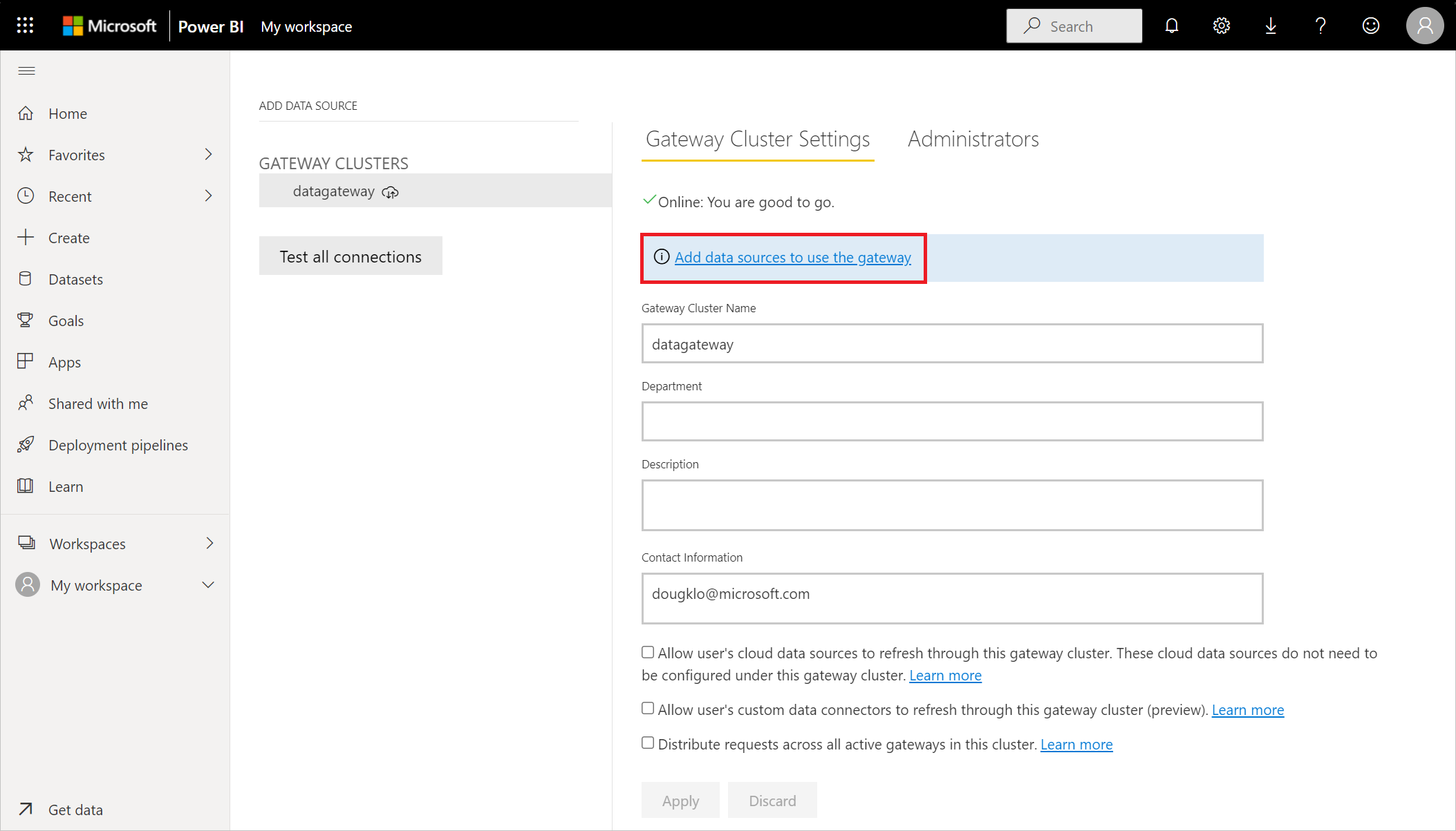 Bild av fönstret Lägg till datakälla i Power BI-tjänst med Lägg till datakälla för att använda gatewayen framhävd.