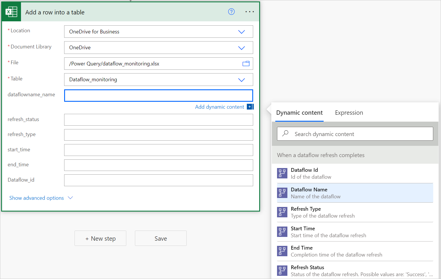 Bild av Excel Lägg till en rad i en tabellanslutning, med dialogrutan för val av dynamiskt innehåll.