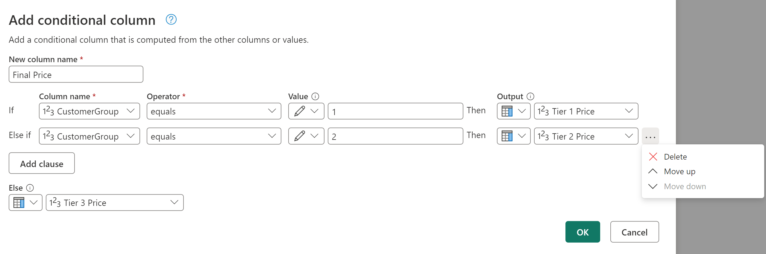 Screenshot of Add conditional column with two different conditional clauses defined for the values of the Final Price column.