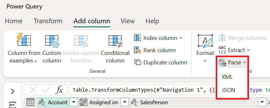 Skärmbild av parsningsalternativet på fliken Lägg till kolumn.