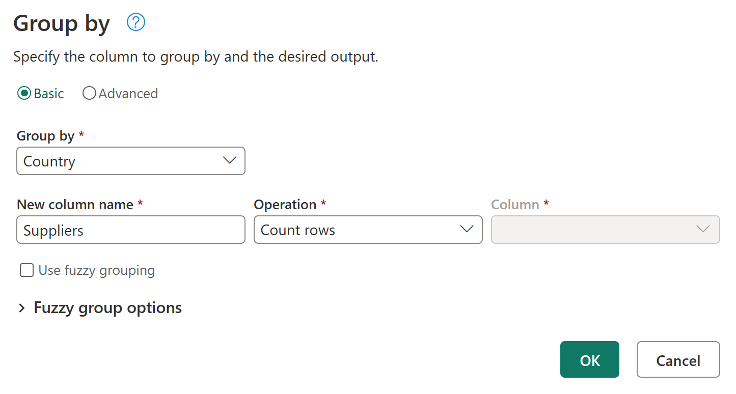 Screenshot of the basic Group dialog with the suppliers' data entered.