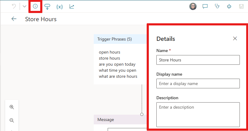 Skärmdump av rutan med ämnesdetaljer som visar Namn, Visningsnamn och Beskrivning.