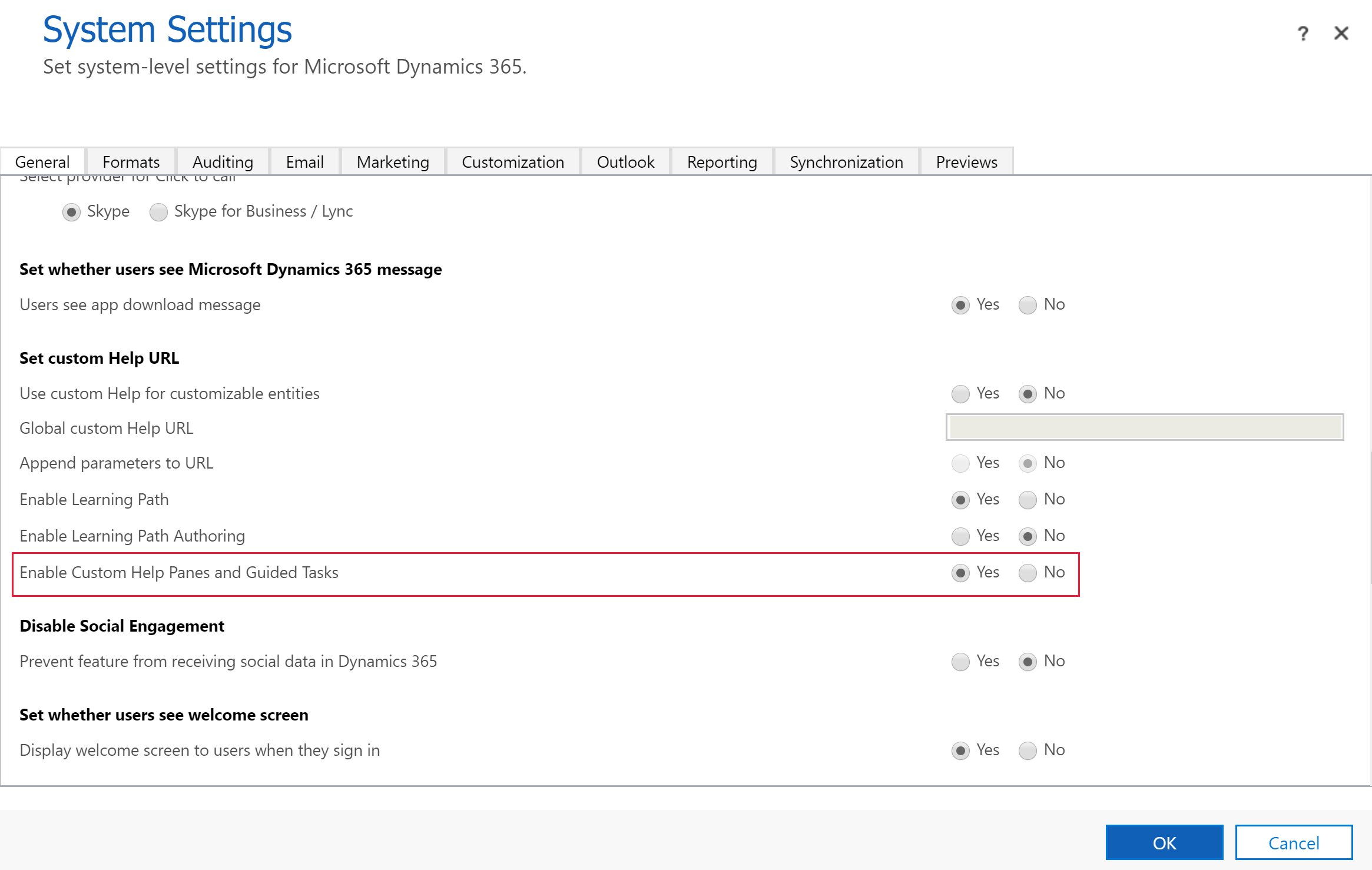 Aktivera anpassade hjälprutor Aktivera anpassade hjälprutor.