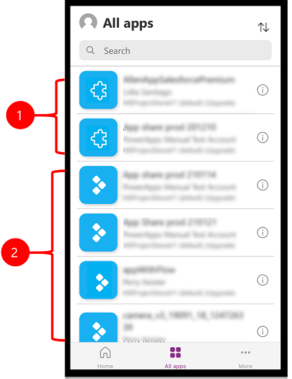 Power Apps Mobile användargränssnitt med modelldrivna program och arbetsyteappar.