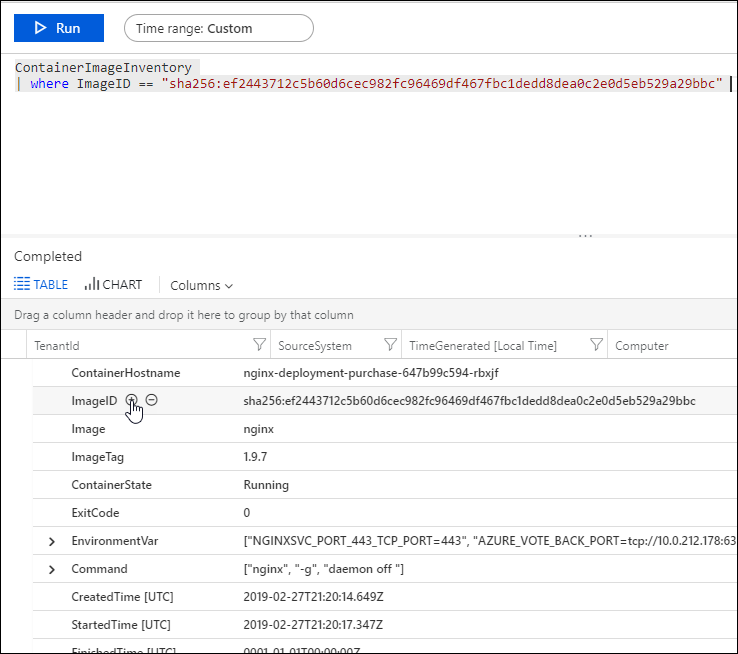 Skärmbild som visar Log Analytics med en fråga för en containeravbildning och information om avbildningen.
