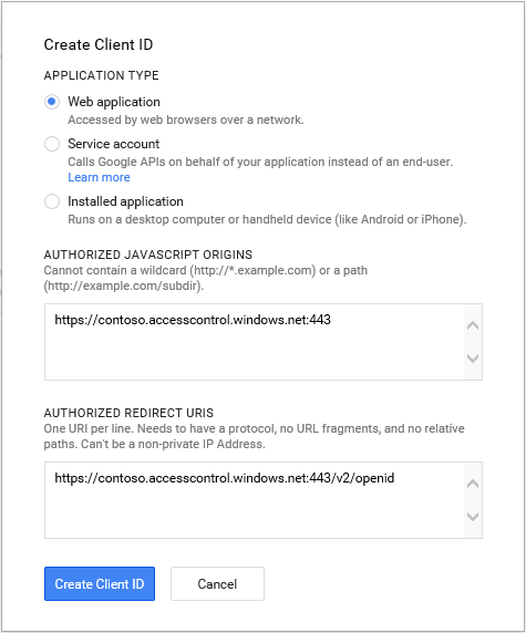 Google Developer Console Create Client ID screen