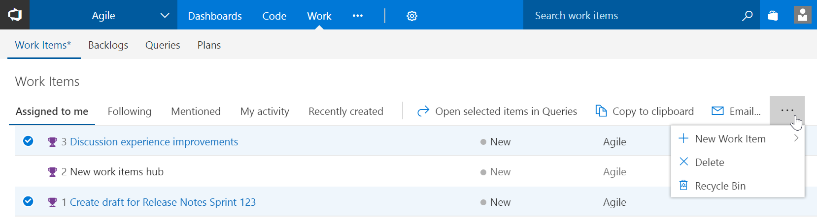 New Work items hub actions