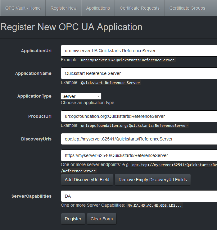 Skärmbild av UA Reference Server Registration
