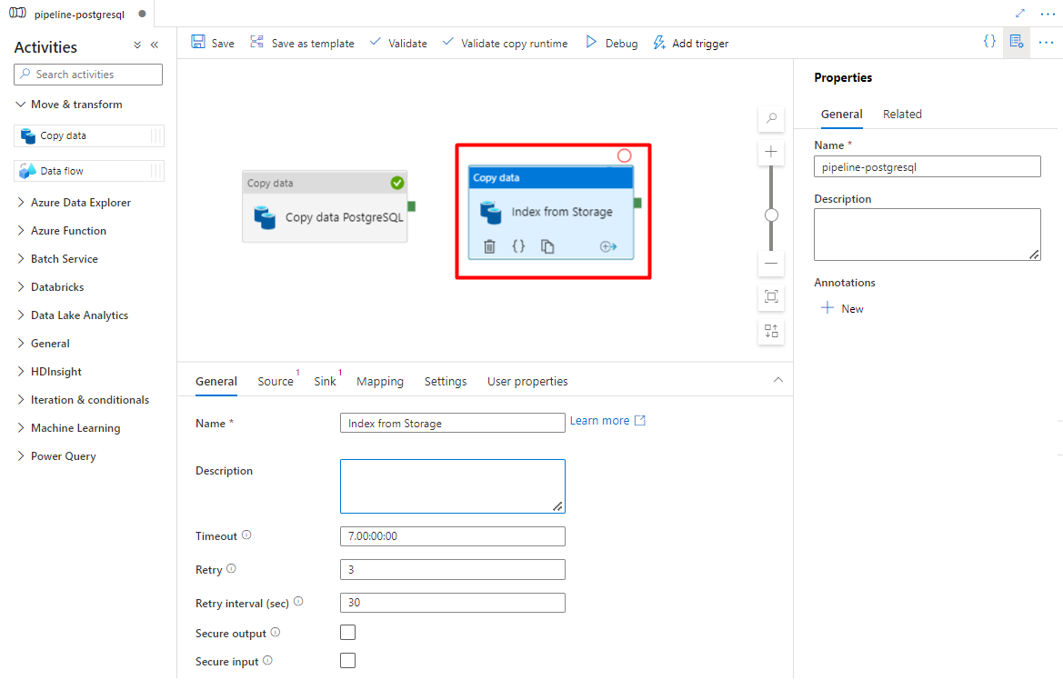 Skärmbild som visar hur du drar och släpper Azure Data Factory för att konfigurera en kopieringsaktivitet.