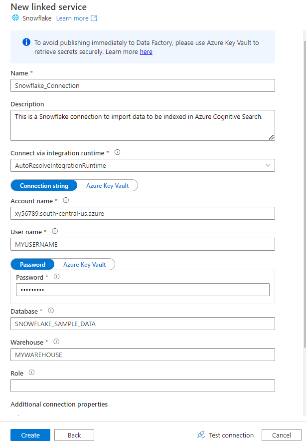 Skärmbild som visar hur du fyller i Snowflake Linked Service-formuläret.