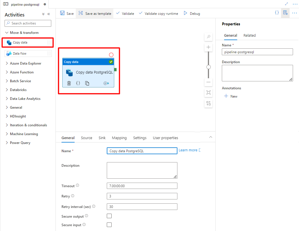 Skärmbild som visar hur du drar och släpper Azure Data Factory för att kopiera data från PostgreSQL.