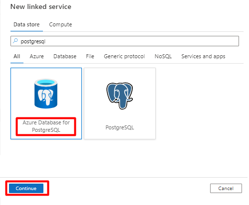 Så här väljer du PostgreSQL-datalager för en länkad tjänst i Azure Data Factory.